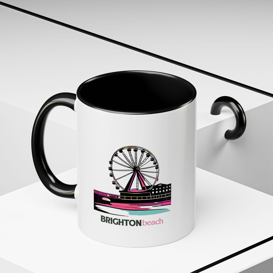 Enjoy the beauty of Brighton Beach with this ceramic mug. Its vibrant artwork and durable design make it perfect for coffee or tea. Dishwasher-safe and practical, it is a thoughtful gift or keepsake.