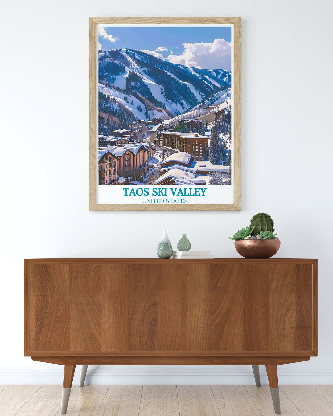 Immerse yourself in the lively spirit of Taos with this travel poster, highlighting the resort center and its surrounding alpine beauty.