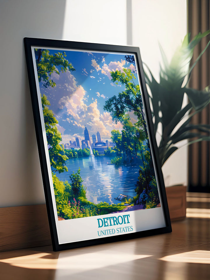 Gallery wall art illustrating the tranquil landscapes of Belle Isle Park, with its historic structures and scenic views, perfect for enhancing any room with the charm of Detroit.