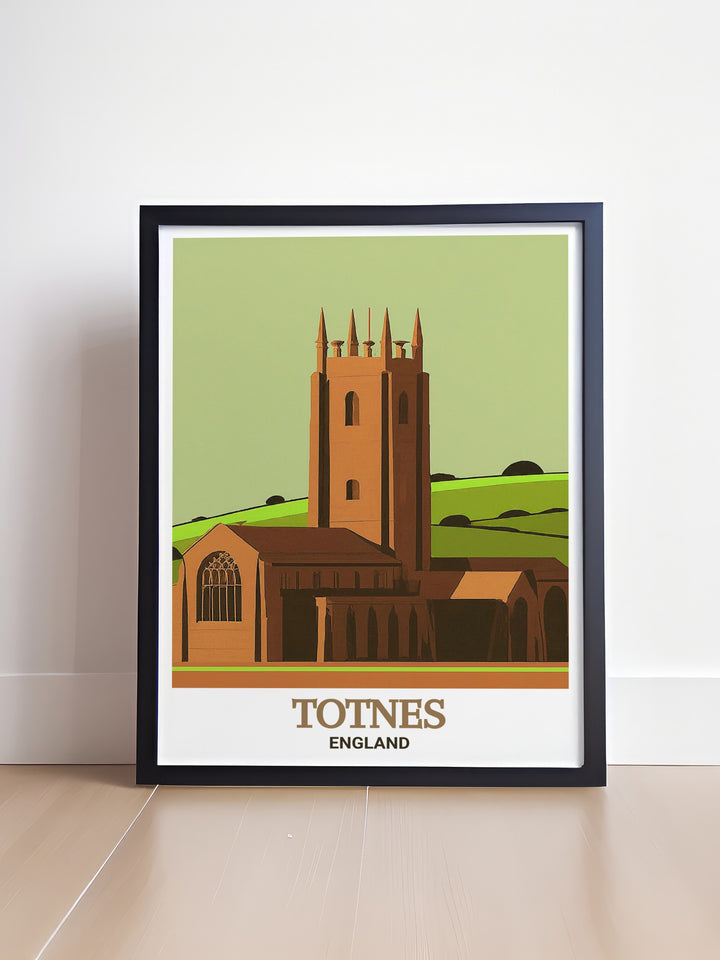 England travel poster featuring St. Marys Church in Totnes, highlighting the detailed stonework and towering spire. This elegant print adds a sophisticated touch to your living space. Perfect for those who appreciate historic landmarks and fine art.