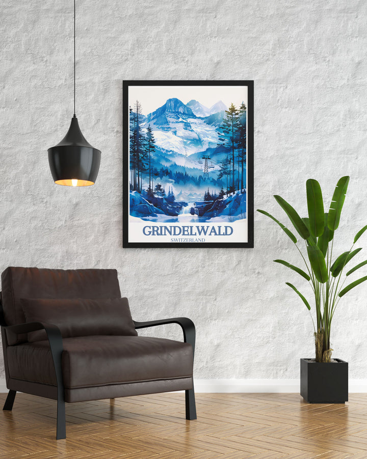 Featuring the iconic Monch and Jungfrau peaks, this poster captures the breathtaking views and adventurous spirit of the Jungfrau Ski Region, making it a captivating piece for your decor.