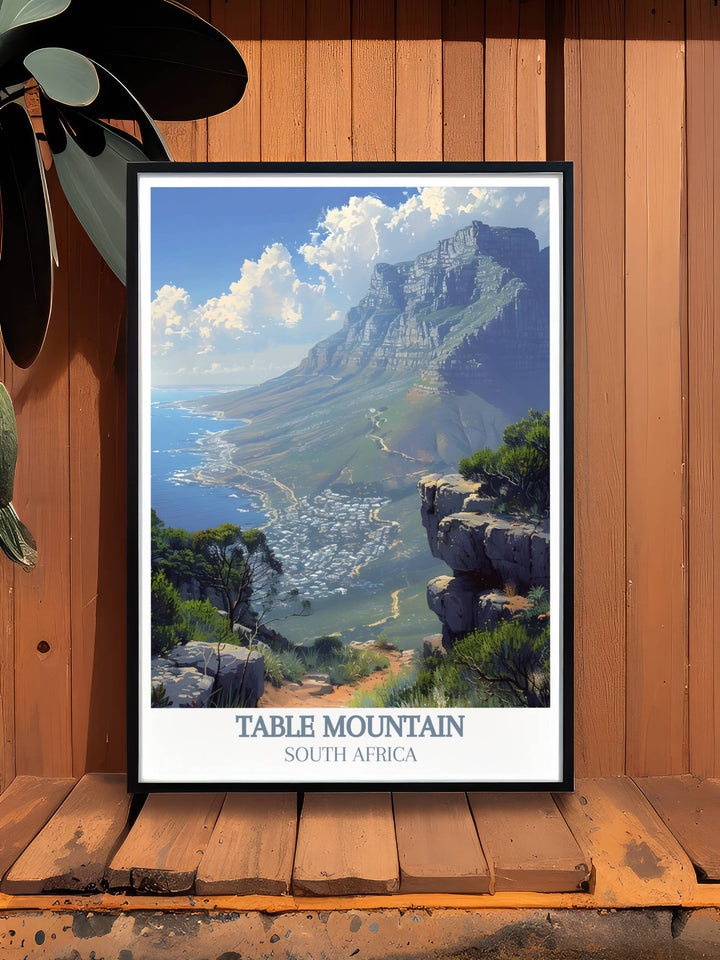 Our National Park Print of Table Mountain includes Platteklip Gorge making it an ideal gift for nature lovers and travel enthusiasts seeking unique wall art