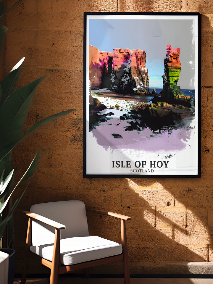 The Isle of Hoy, with its towering Old Man of Hoy sea stack, is beautifully depicted in this travel poster. Perfect for those who love Scotlands natural wonders, this canvas art makes an excellent gift or home decor piece. It captures the untamed beauty of the Orkney Islands with precision and elegance.