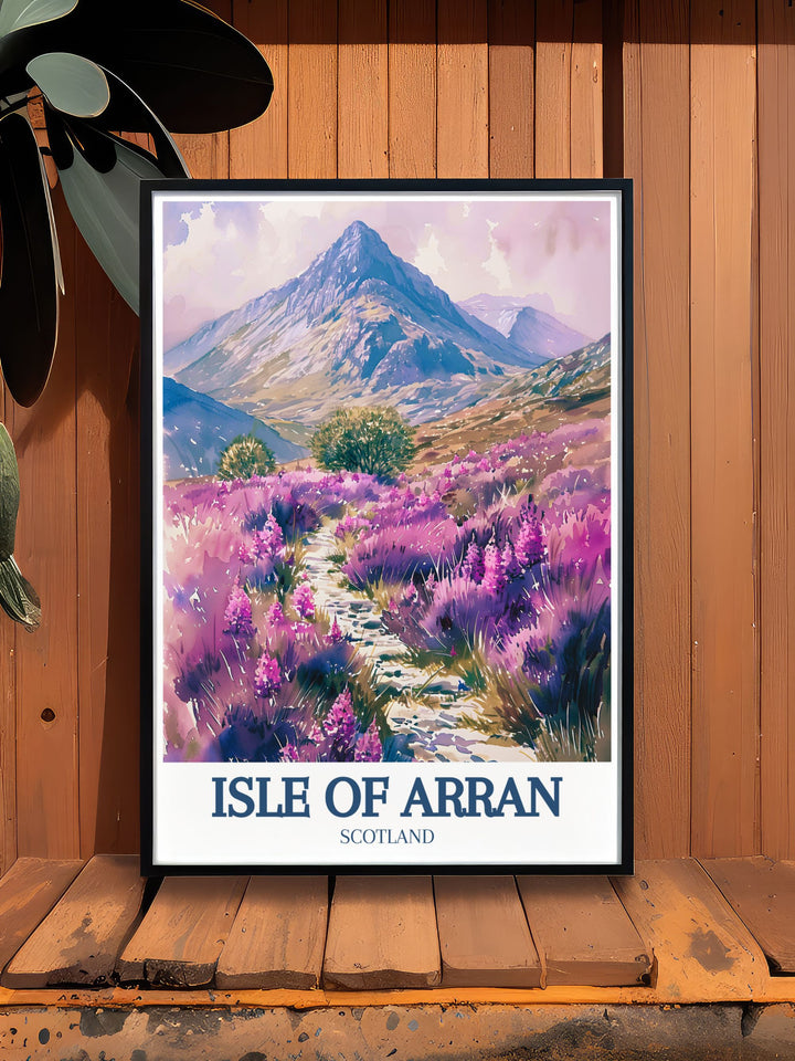 This vintage poster of Goatfell pays homage to its iconic status on the Isle of Arran. The classic design and striking colors evoke a sense of nostalgia, perfect for those who appreciate the history and beauty of Scotlands landscapes.