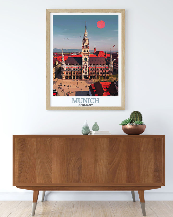 Celebrate the cultural heart of Munich with this Marienplatz Framed Art. The detailed imagery of the New Town Hall brings the vibrancy of the city into your home or office, making it a perfect addition to any room.