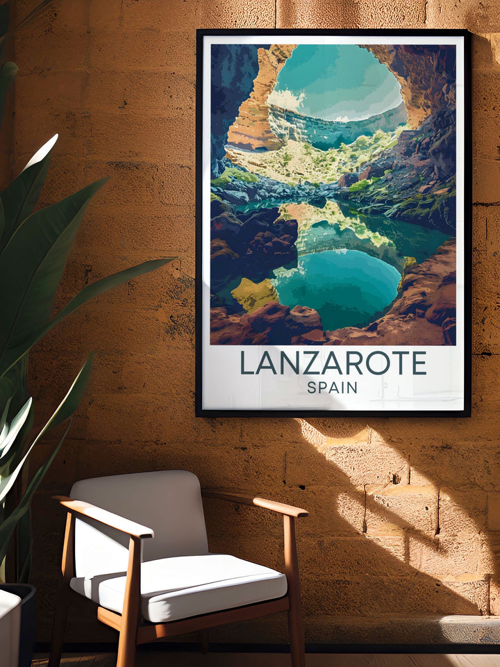 This vibrant art print of Jameos del Agua depicts the harmonious integration of natural lava formations and Manriques architectural design, making it a standout piece for those who appreciate Lanzarotes innovative blend of art and nature.