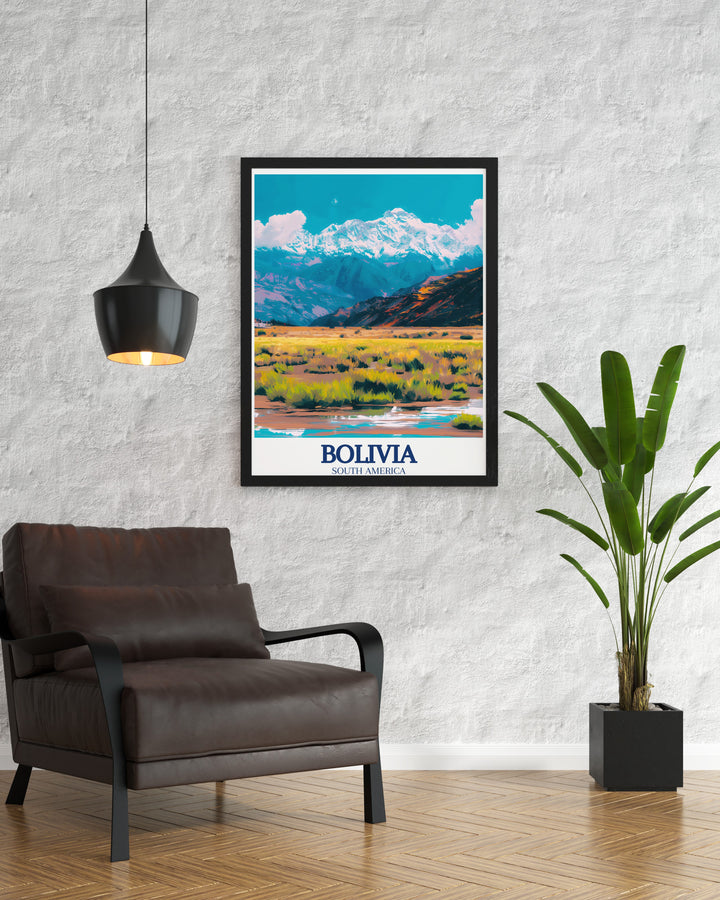 Elegant Bolivia print capturing the dramatic scenery of the Altiplano plateau and Cordillera Real mountain range a must have for any art lover interested in Latin American culture