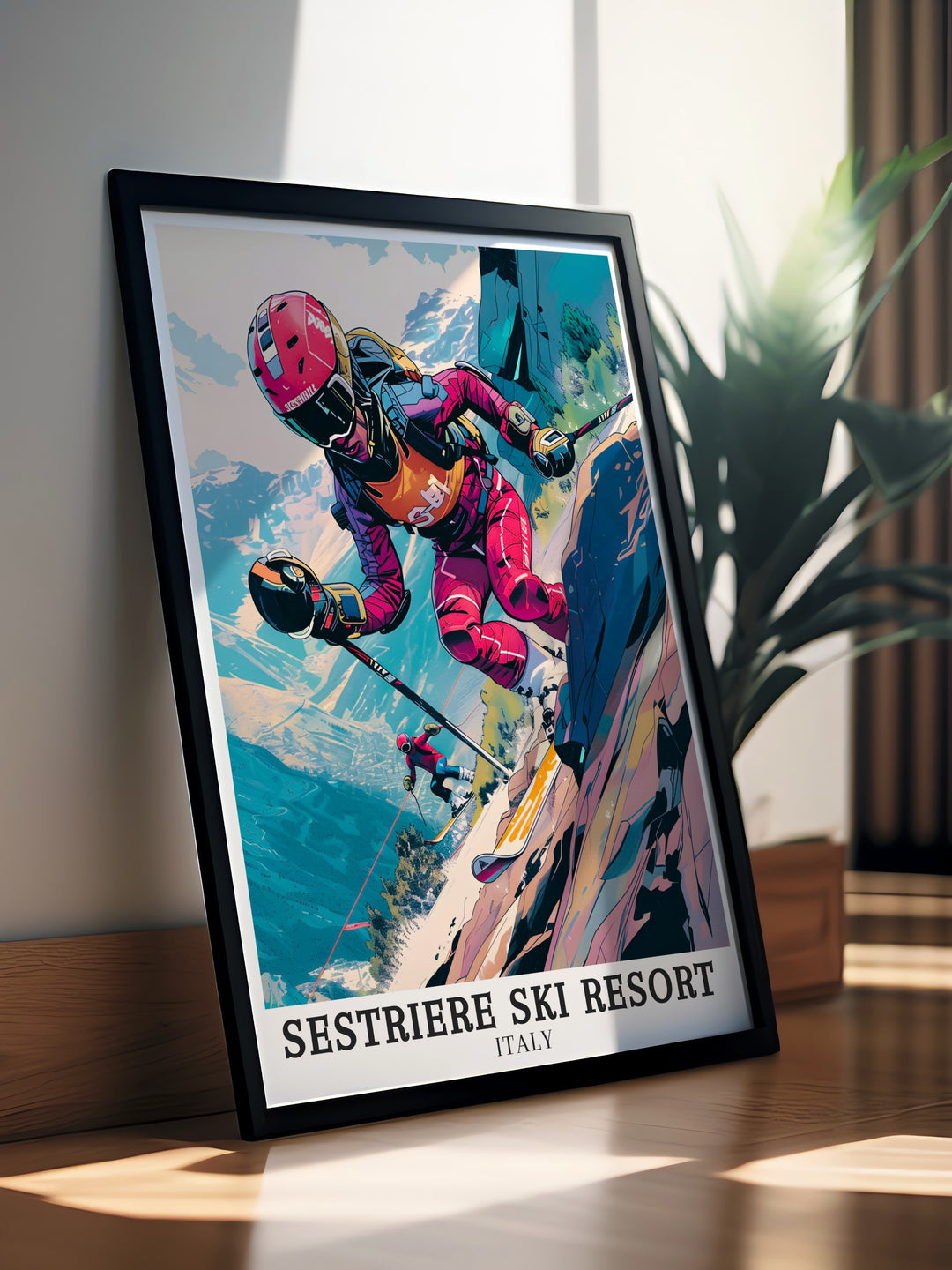 Italian Alps poster capturing the essence of Sestriere Ski Resort. This vibrant print showcases the snow covered mountains and dynamic atmosphere of Sestriere Borgata. Perfect for home decor and gifts.