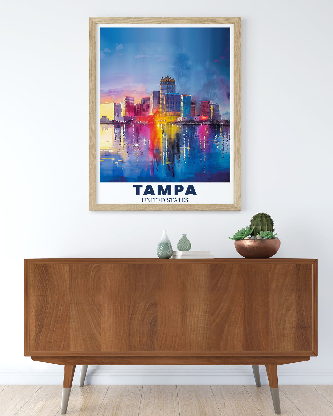 This Tampa Poster Print captures the essence of the vibrant Tampa City skyline, with its iconic modern buildings and serene waterfront. Available as a vintage inspired travel print or canvas art, this poster is perfect for adding a touch of Floridas tropical atmosphere to your home décor or gifting for anniversaries and birthdays.