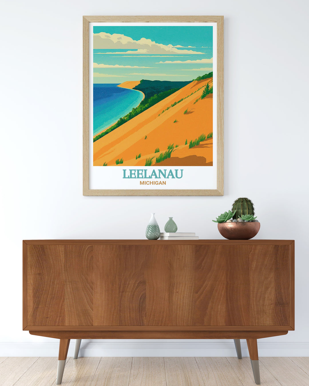 Sleeping Bear Dunes Framed Art presenting a detailed and vibrant view of Michigans Sleeping Bear Dunes National Lakeshore, known for its stunning natural beauty. This framed art adds a touch of elegance and sophistication to any room, perfect for those who appreciate Michigans majestic landscapes.