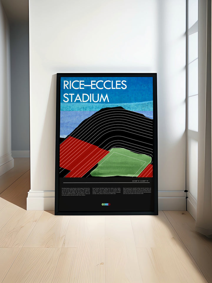 College football enthusiasts will love this vibrant Utah Utes print showcasing Rice Eccles Stadium with its electrifying game day atmosphere making it a perfect addition to any wall decor