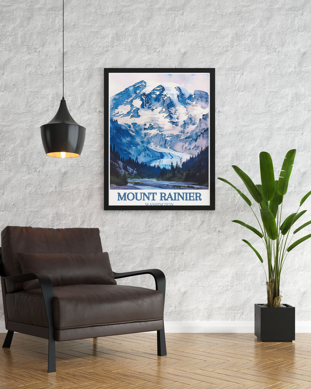 Elegant home decor with stunning Washington Wall Art featuring Mount Rainier and the breathtaking Carbon River and Carbon Glacier ideal for modern interior design