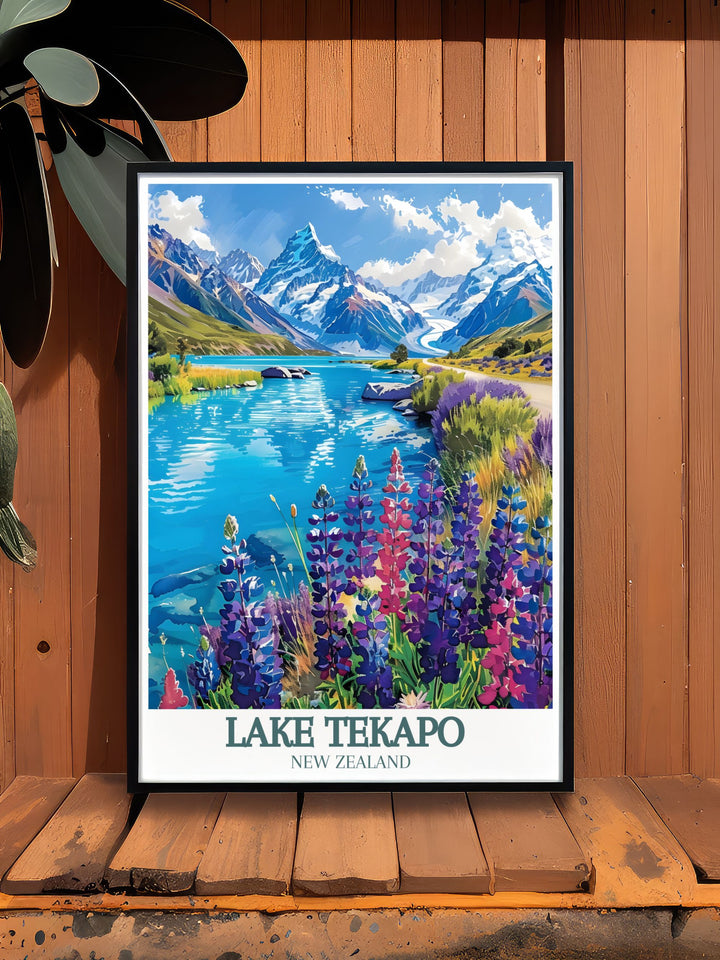 The picturesque Mount Cook, known for its dramatic peaks and stunning vistas, is highlighted in this travel poster. Perfect for those who appreciate natural wonders, this artwork captures the charm of New Zealands highest mountain.