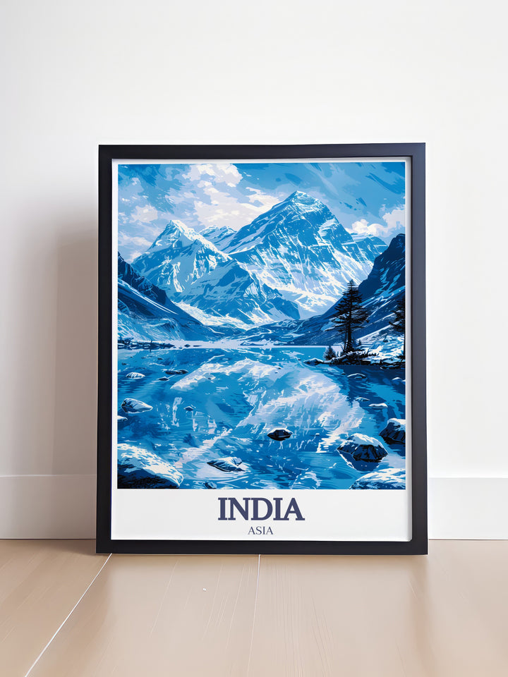 A beautiful artwork featuring Indias Taj Mahal, the towering Himalayas, and the iconic Mount Everest. This travel poster is a must have for lovers of art, architecture, and breathtaking landscapes.