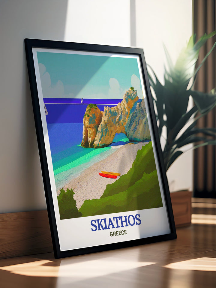 Poster of Lalaria Beach on Skiathos Island, Greece. Showcasing the idyllic beach and its surroundings, this print is a great way to remember a special trip or dream of future travels. Ideal for home decor and gifts.