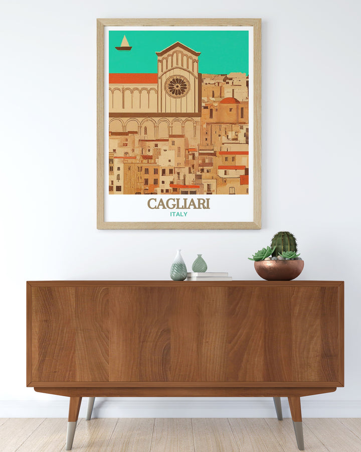 Italy Travel Poster transports you to the heart of Cagliaris Castello District. With intricate details of the ancient fortress and the surrounding landscape, this travel poster adds a touch of Italys elegance to any home décor.