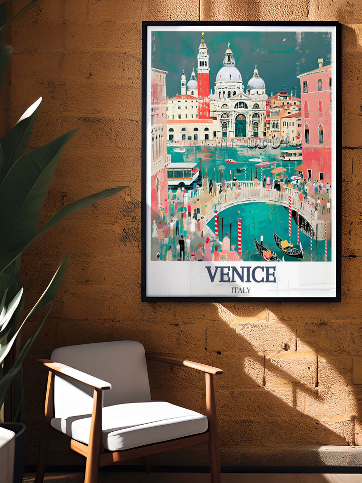 This Venice travel poster highlights the Rialto Bridge and St. Marks Square, two of Venices most iconic attractions. The detailed print celebrates the citys rich architectural history and provides an elegant addition to any home décor.