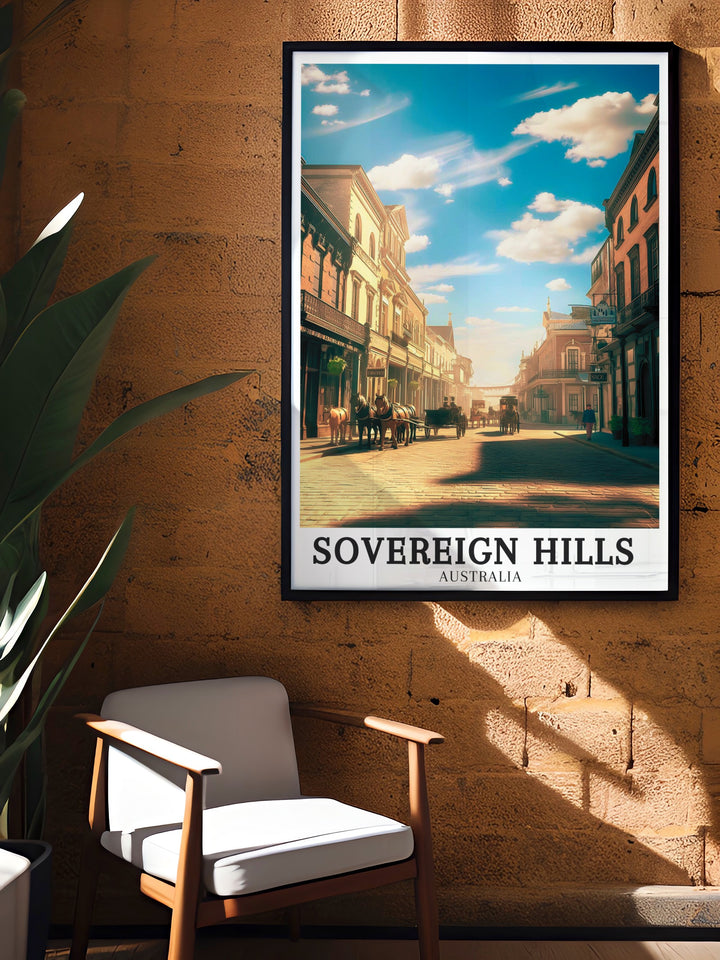 Detailed Sovereign Hill art print showcasing the historic Main Street of Ballarat during the gold rush era, a perfect piece for New Zealand art lovers seeking to bring history into their home decor