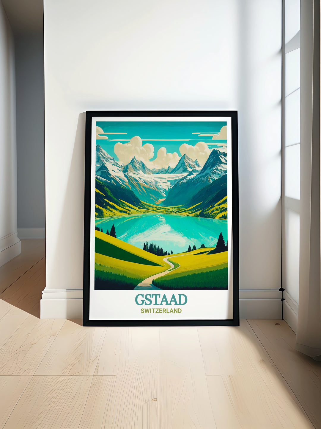 This Gstaad poster print brings the beauty of the Swiss Alps into your home. Featuring the iconic village of Gstaad, known for its luxury chalets and stunning alpine scenery, this artwork is perfect for those who love Swiss travel or the elegance of mountain landscapes. Its detailed depiction of snow capped peaks and charming architecture captures the essence of Gstaads natural beauty, making it a timeless piece for any decor.