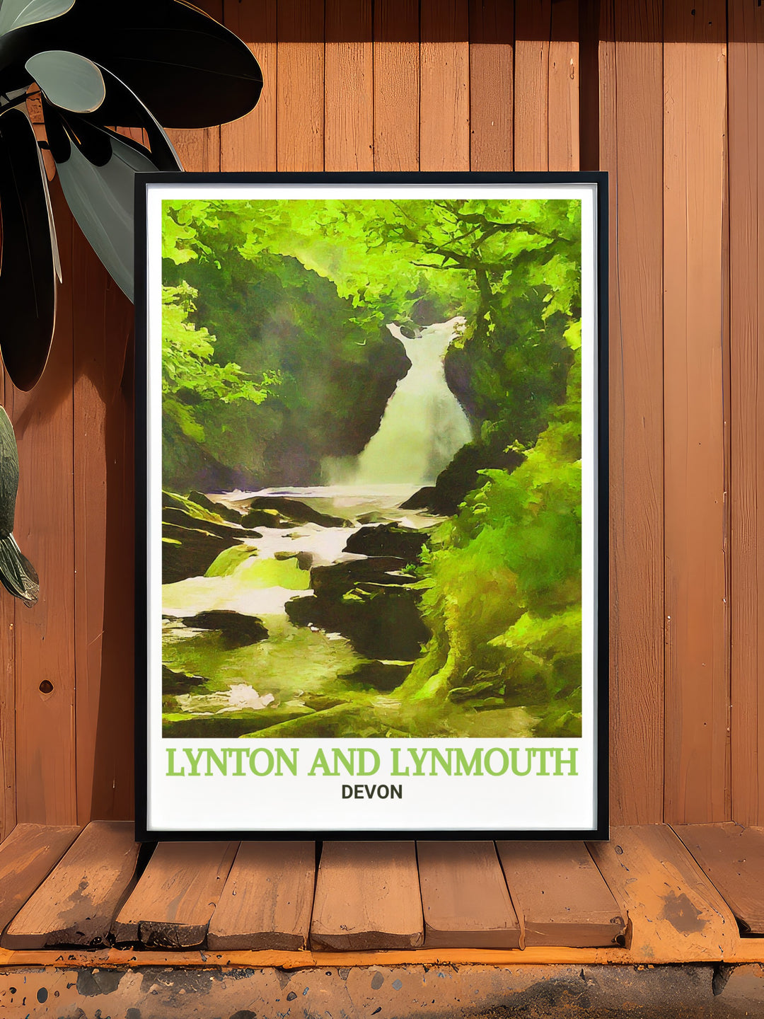 Watersmeet travel poster showcasing the tranquil convergence of two rivers in Lynton and Lynmouth. A stunning piece for any home decor.