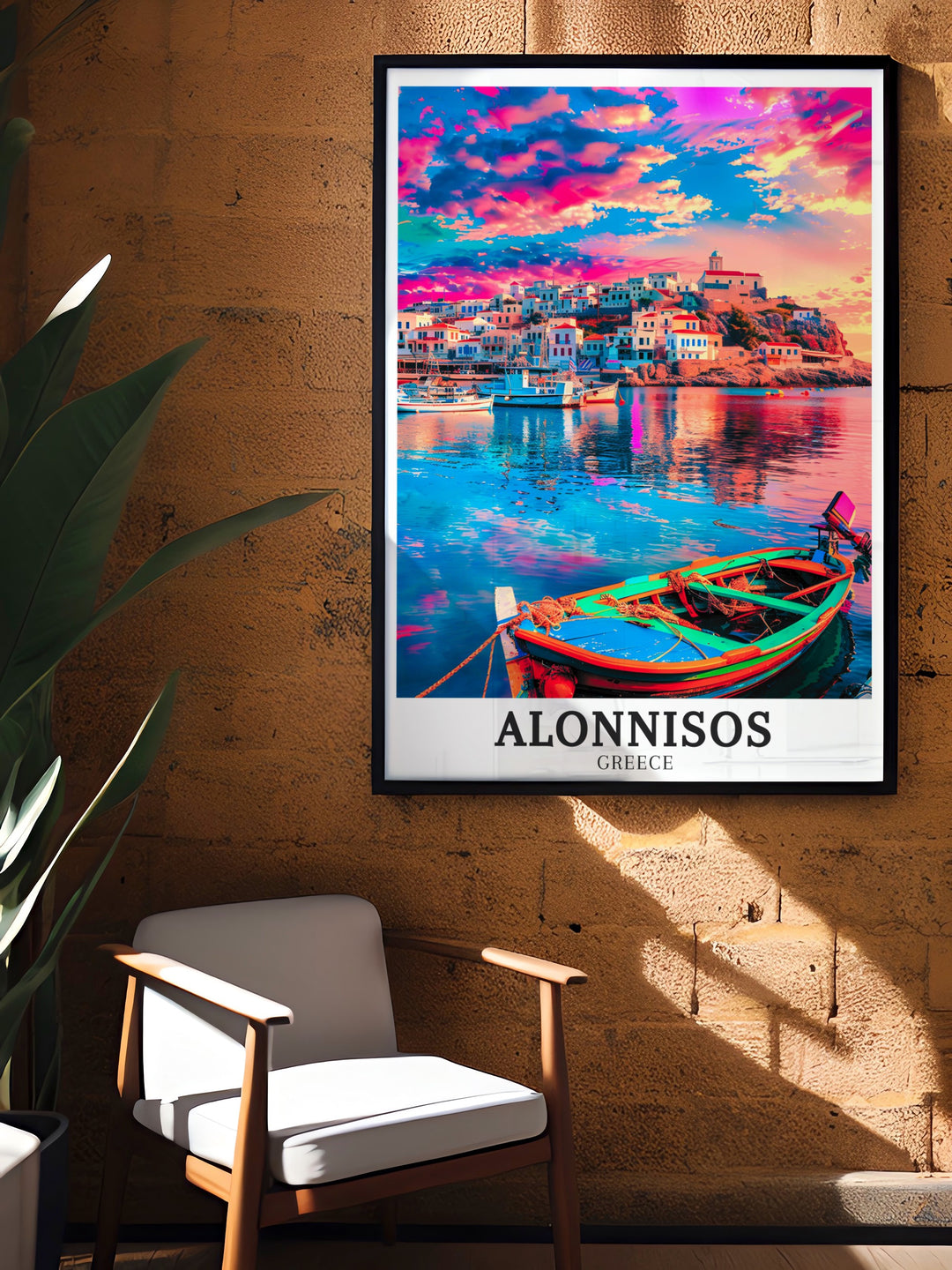 Alonnisos vintage poster capturing the timeless beauty of Patitiri harbor and the Old Town. This travel art is ideal for those who love Greeces islands and want to bring a piece of its history into their decor.