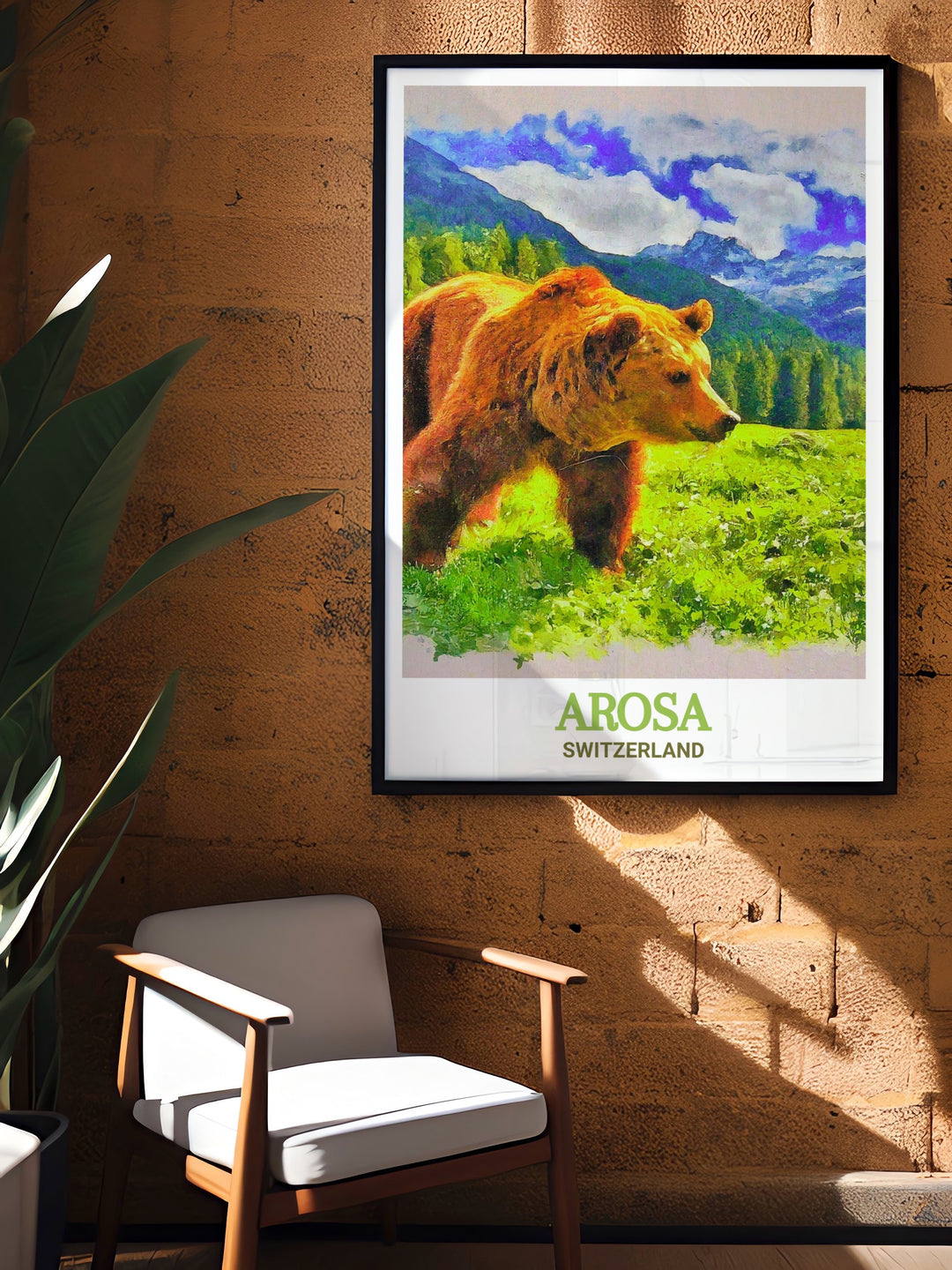 Arosa Bear Sanctuary Wall Art depicting the peaceful coexistence of wildlife and nature in the Swiss Alps. The artwork emphasizes the importance of conservation efforts while offering a serene view of the sanctuary, ideal for creating a calming ambiance in your living space