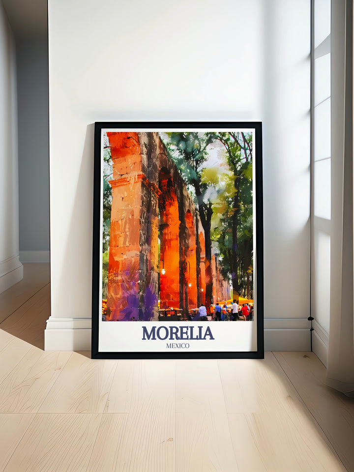 Celebrate Morelias rich history with this travel print, featuring the Morelia Aqueduct and Avenida Acueducto in a colorful and modern design. The detailed artwork captures the essence of the citys unique blend of old and new.