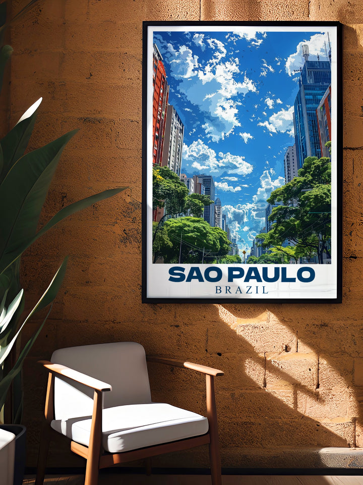 Stunning cityscape artwork featuring Paulista Avenue in Sao Paulo perfect for Brazil art lovers. This poster print captures the lively urban atmosphere and adds a touch of sophistication to any modern living space.