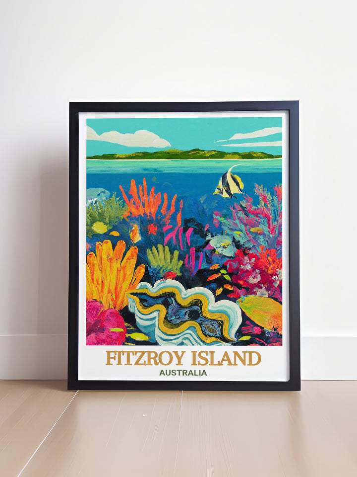 Fitzroy Island poster print showcases the untouched beauty of Australias tropical paradise, with vibrant green forests and crystal clear waters. This travel print also highlights the stunning Giant Clam Gardens, bringing the magic of the Great Barrier Reef into your home.