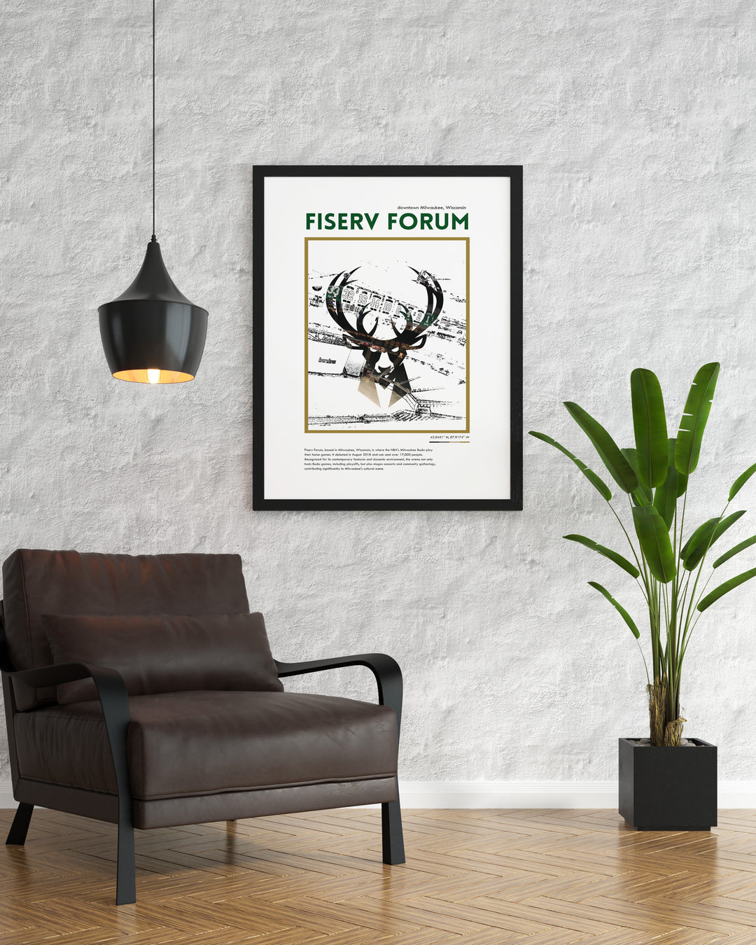 Add the excitement of the Milwaukee Bucks to your living space with this Fiserv Forum wall art featuring Giannis Antetokounmpo Brook Lopez and Pat Connaughton a great addition to any dorm room or sports themed decor