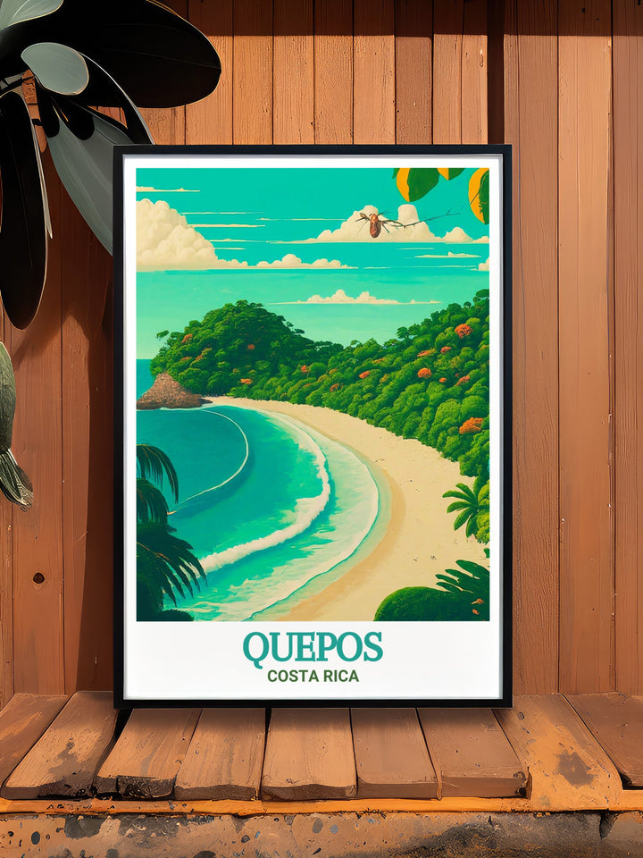 Quepos, a town rich in culture and surrounded by natural beauty, is beautifully illustrated in this print. The artwork captures the towns charm and the stunning landscapes that surround it, offering a perfect way to bring a piece of Costa Rica into your home. Ideal for anyone who loves tropical destinations, this print adds warmth and vibrancy to any space.