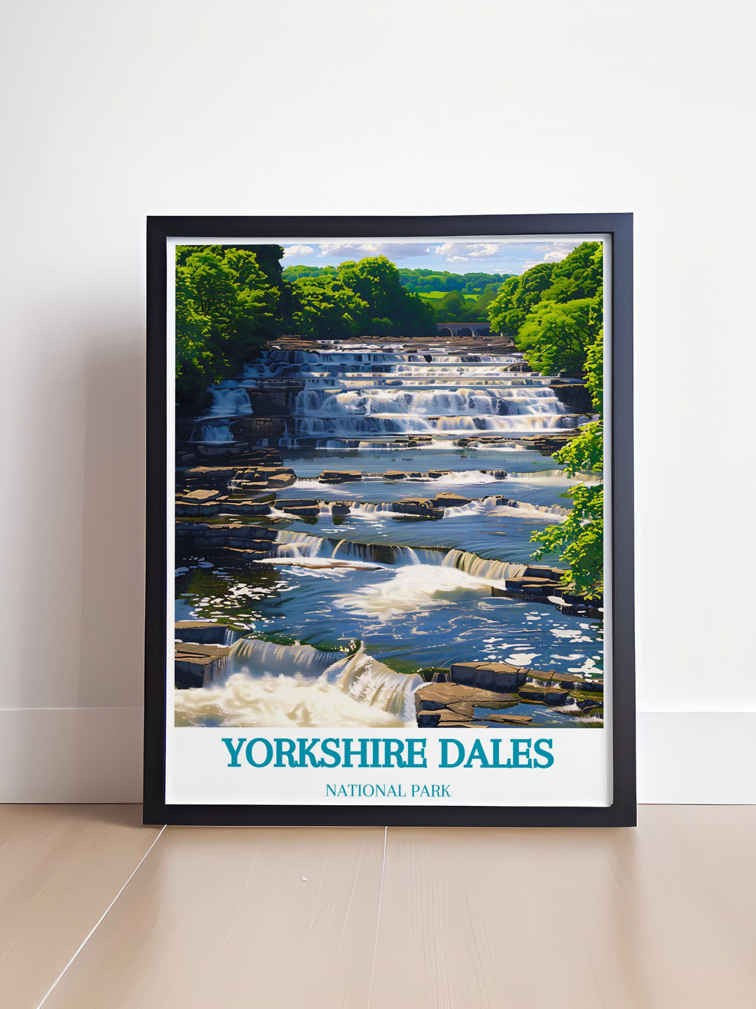 This Yorkshire Dales travel print showcases the stunning Aysgarth Falls and the impressive Ribblehead Viaduct making it an ideal piece of wall art for those who love the beauty of nature and the historic landmarks found in Englands National Parks.