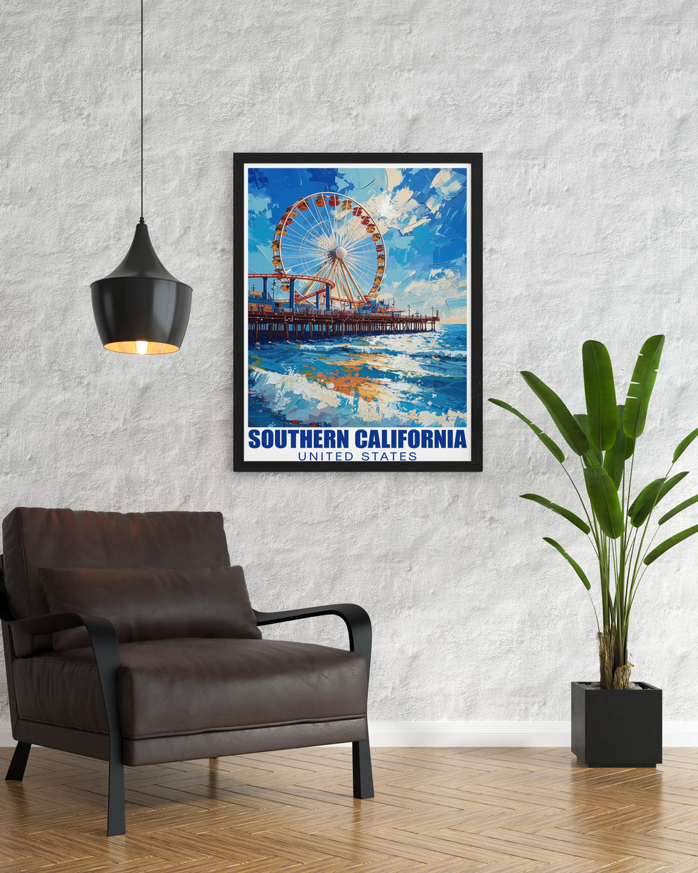 Celebrate the sunny spirit of Southern California with this Santa Monica Pier travel print. The detailed artwork and lively colors make it a perfect addition to your coastal themed home décor.