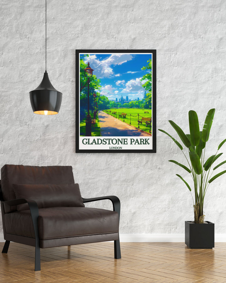 A panoramic view of Gladstone Park in London, UK, showcasing lush gardens, ancient trees, and scenic vistas, ideal for bringing the parks tranquil charm into your home decor.
