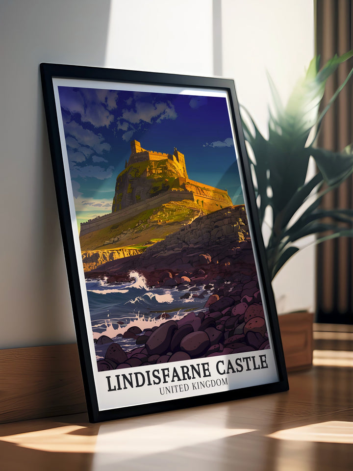 Northumberland Print highlighting the historical significance and natural beauty of Lindisfarne Castle, set against the dramatic coastal landscape of Northumberland. This print is a must have for anyone with a passion for British heritage sites.