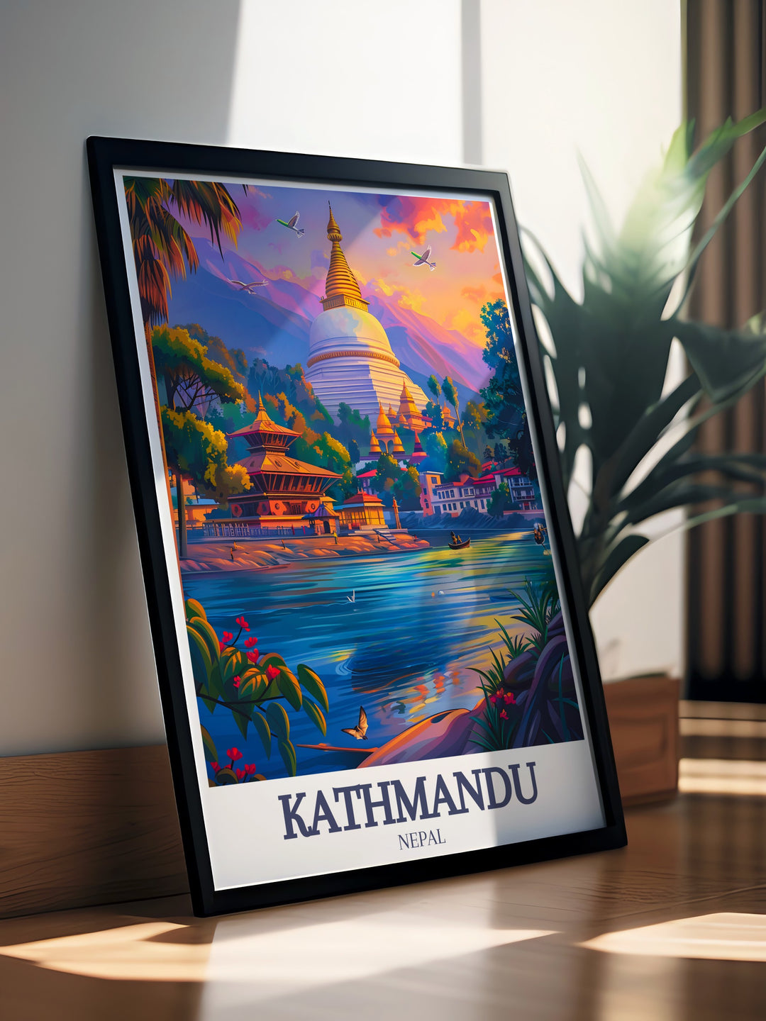 Bring the beauty of Kathmandu into your home with this travel poster. Capturing Mount Everest and the iconic Durbar Square, this wall print adds a touch of Nepals natural and architectural wonders to any room.