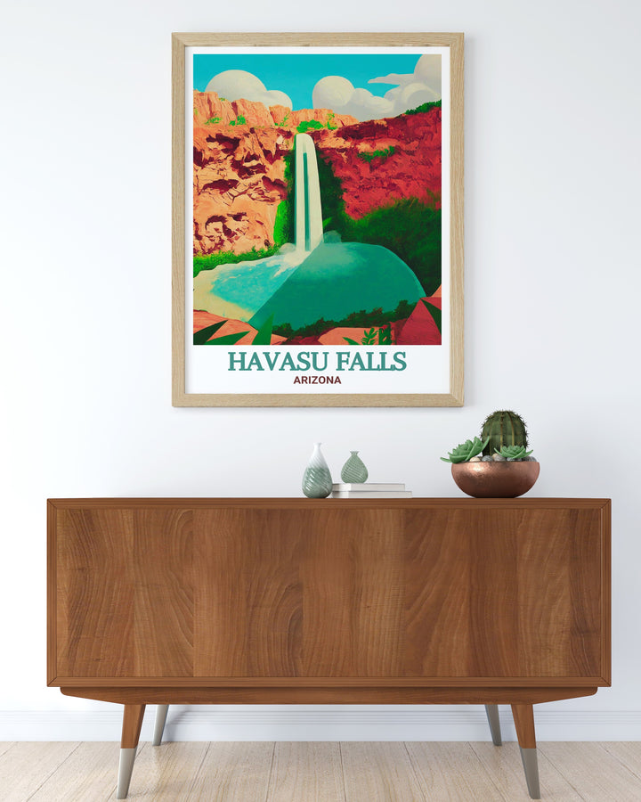 A detailed travel print of Havasu Falls, capturing the vibrant turquoise waters as they cascade down Arizonas iconic red cliffs, offering a stunning depiction of this natural wonder.