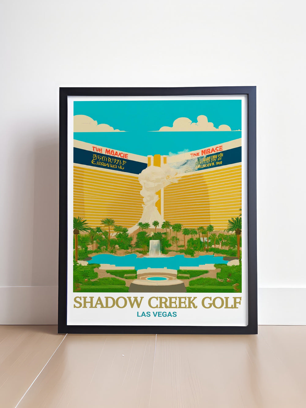 Framed Art of Shadow Creek Golf Course and The Mirage Hotel, highlighting the contrast between the natural beauty of the golf course and the man made splendor of The Mirage. The framed print adds a refined touch to any space, making it a perfect gift for golf enthusiasts or those who love the excitement of Las Vegas.