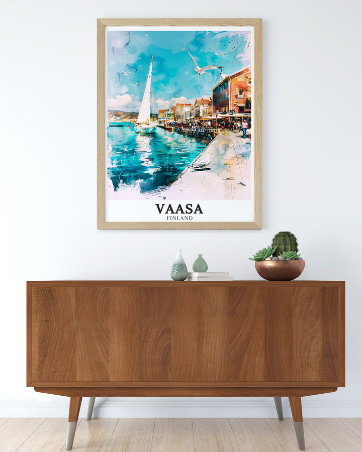 Vaasas vibrant Varsa Harbour and the Baltic Seas calming presence are highlighted in this vintage poster. Perfect for adding a touch of Finland to your home, this artwork is ideal for anyone who loves coastal views and Scandinavian landscapes.