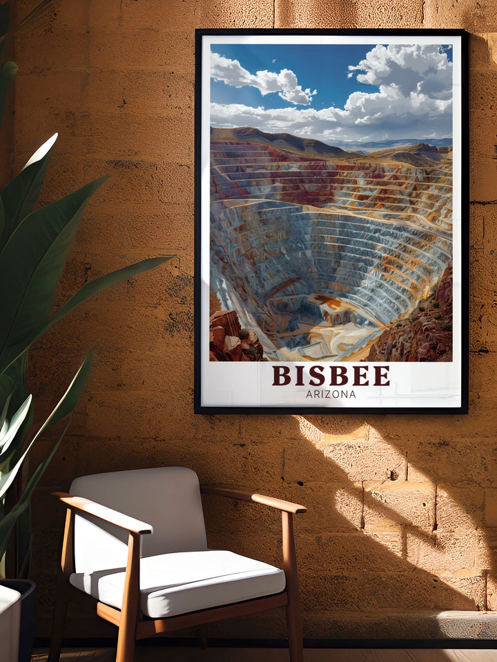 Arizona artwork featuring Lavendar Pits in Bisbee. This stunning wall art brings Arizonas unique history to life offering a bold and beautiful piece for your home or as a thoughtful Arizona travel gift.