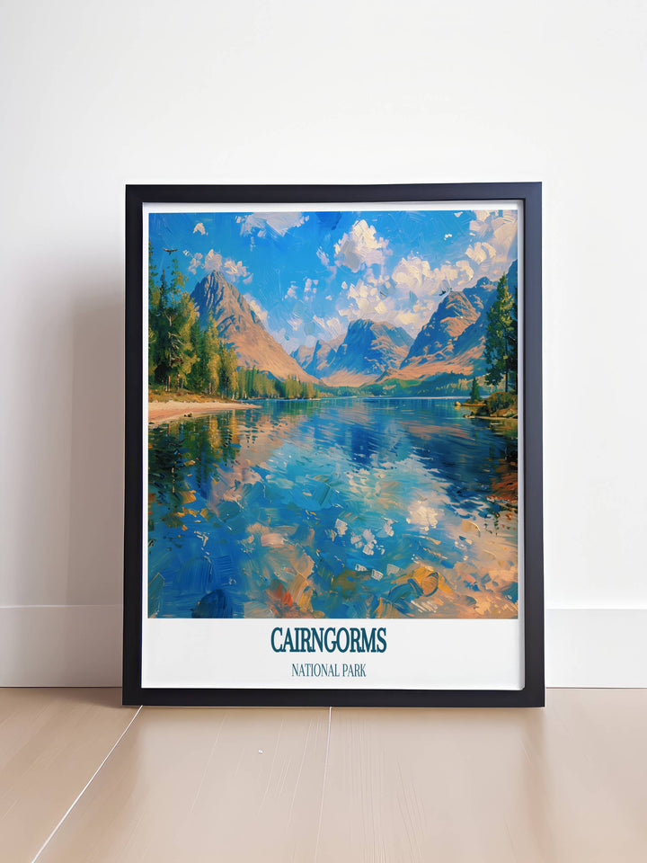 Cairngorms Print showcasing the serene beauty of Scotland with Loch Morlich. This national park poster is ideal for wall art and gifts, highlighting the stunning landscapes of the Highlands.