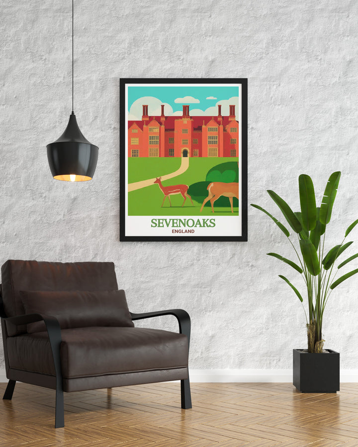 Wall poster of Knole Park, Sevenoaks, England, featuring the scenic beauty of the estates deer park and the historic Knole House. The detailed artwork captures the essence of the English countryside, making it a perfect addition to any room. Ideal for those who appreciate the blend of natural landscapes and historical architecture, this poster adds a touch of English charm to your decor.