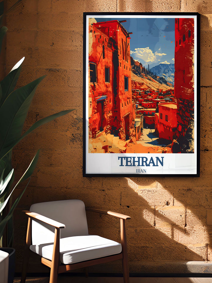 Tehran travel poster print and Abyaneh village Karkas Mountains artwork perfect for enhancing any space with a touch of elegance and cultural beauty