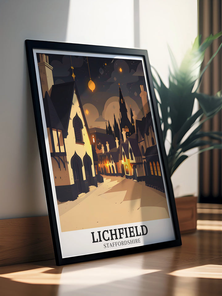 This Lichfield poster print captures the charm of the town centre with its historic architecture, paired with the majestic spires of Lichfield Cathedral. Perfect for lovers of UK travel and history, this travel print offers a glimpse into one of Staffordshires most iconic towns.