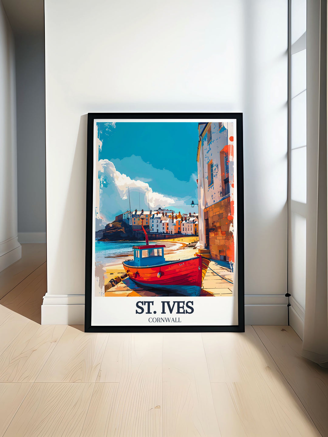 This travel poster of St. Ives and Porthmeor Beach captures the majestic landscapes and rich history of Cornwalls iconic destinations, ideal for any art collection.
