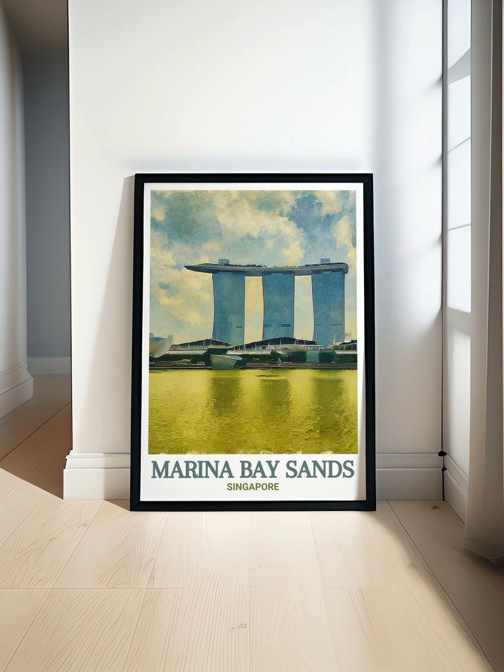 Marina Bay Sands Travel Poster featuring the SkyPark, capturing the essence of luxury and innovation that this Singapore landmark represents. The artwork is meticulously crafted to showcase the unique blend of architecture and breathtaking cityscapes that define Marina Bay Sands.