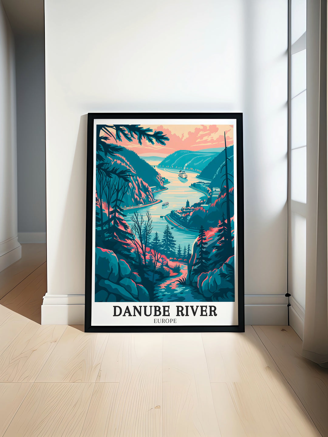 This Danube River Art Print beautifully showcases Kazan Gorge Hungary. The artwork captures the natural beauty of the river flowing through the stunning gorge. Perfect for adding elegance to any living room or office decor.