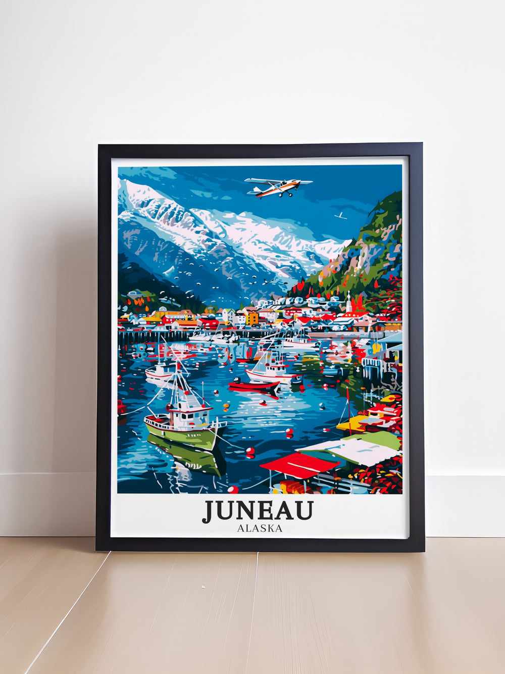 Juneau poster print capturing the bustling Juneau Harbor and serene Gastineau Channel. This travel art showcases Alaskas natural beauty with its vibrant harbor set against the tranquil waters and mountains, offering a perfect piece of Alaskas charm for your home décor.