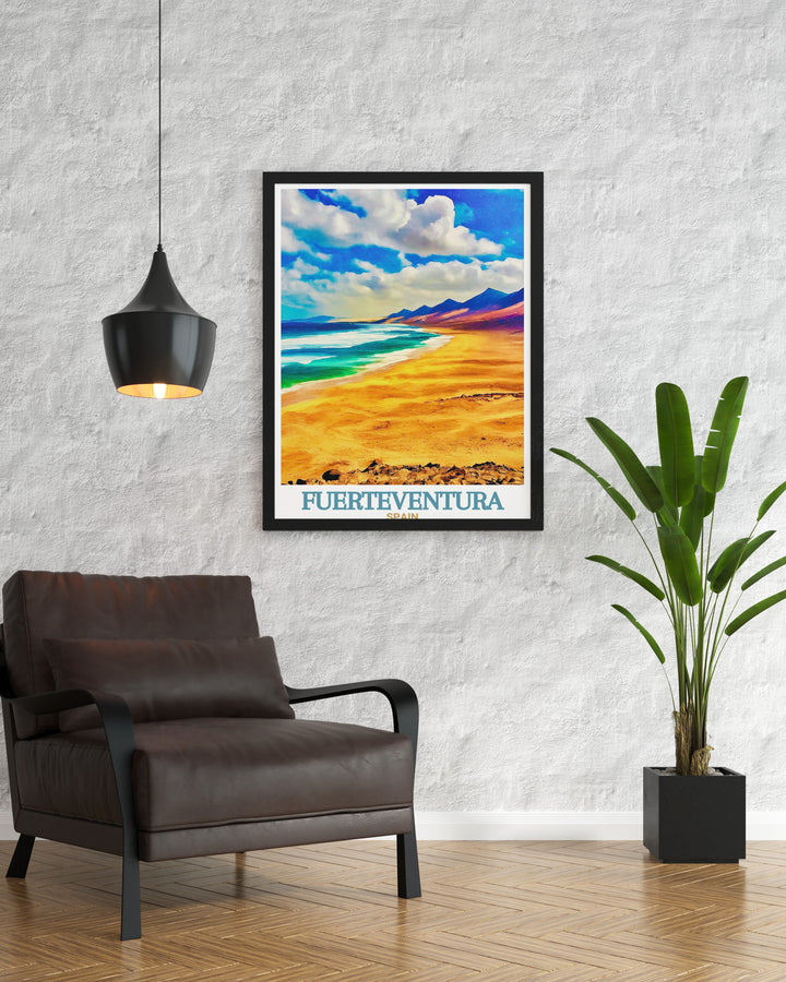 Captivating Cofete Beach art print showcasing the natural beauty of Fuerteventura, Spain. This poster highlights the expansive shores of one of the Canary Islands most remote beaches, perfect for any space in need of a travel inspired decor piece.