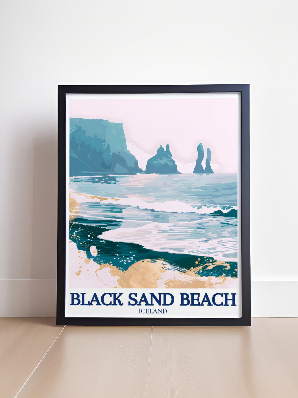 Reynisfjara Home Decor featuring the eerie beauty of Icelands Black Sand Beach and the Reynisdrangar sea stacks. This artwork is perfect for adding a touch of Icelands mystical landscape to your living space